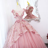 Hoombox Lovely Pink Tulle Long Party Dress with Flowers, Pink Tulle Sweet 16 Gown