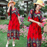 Women's Ethnic Style V-neck Cotton Silk Short Sleeve Thai Style Dress Women's Summer Printed Skirt Outer Wear Vacation Style