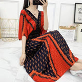 Women's Ethnic Style V-neck Cotton Silk Short Sleeve Thai Style Dress Women's Summer Printed Skirt Outer Wear Vacation Style