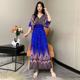 Women's Ethnic Style V-neck Cotton Silk Short Sleeve Thai Style Dress Women's Summer Printed Skirt Outer Wear Vacation Style