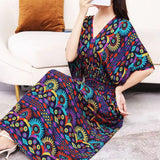 Women's Ethnic Style V-neck Cotton Silk Short Sleeve Thai Style Dress Women's Summer Printed Skirt Outer Wear Vacation Style