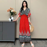 Women's Ethnic Style V-neck Cotton Silk Short Sleeve Thai Style Dress Women's Summer Printed Skirt Outer Wear Vacation Style