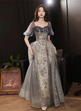 Hoombox Elegant A-line  Grey Tulle Short Sleeves Long Party Dress, Grey Evening Dress