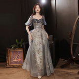 Hoombox Elegant A-line  Grey Tulle Short Sleeves Long Party Dress, Grey Evening Dress