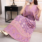 Women's Ethnic Style V-neck Cotton Silk Short Sleeve Thai Style Dress Women's Summer Printed Skirt Outer Wear Vacation Style