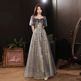 Hoombox Elegant A-line  Grey Tulle Short Sleeves Long Party Dress, Grey Evening Dress