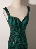 Hoombox Dark Green Mermaid Tulle with Sequins Straps Party Dress, Mermaid Long Formal Dress