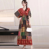 Women's Ethnic Style V-neck Cotton Silk Short Sleeve Thai Style Dress Women's Summer Printed Skirt Outer Wear Vacation Style