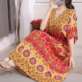 Women's Ethnic Style V-neck Cotton Silk Short Sleeve Thai Style Dress Women's Summer Printed Skirt Outer Wear Vacation Style