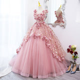 Hoombox Lovely Pink Tulle Long Party Dress with Flowers, Pink Tulle Sweet 16 Gown