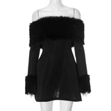 HOOMBOX Sanhu Lianjiang G24DS280 2025 women's clothing autumn and winter one-word shoulder fur collar sexy Spice Girl A-word short skirt wholesale