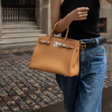 hoombox New Silver Buckle First Layer Cowhide Birkin Bag Simple Fashion Handbag Commuter Practical Shoulder Bag Crossbody Bag