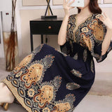 Women's Ethnic Style V-neck Cotton Silk Short Sleeve Thai Style Dress Women's Summer Printed Skirt Outer Wear Vacation Style