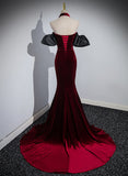 Hoombox Wine Red Mermaid Velvet Off Shoulder Party Dress, Wine Red Long Evening Dress Prom Dress