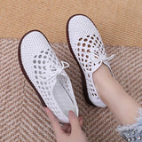 HOOMBOX New Summer Weaving Hollow Flat Shoes round Toe Lace-up Closed Toe Sandals Fashion Soft Bottom Comfortable Mom Shoes