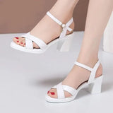 HOOMBOX Summer New Women's Shoes Retro Ethnic Style Fish Mouth Roman Buckle Sandals Chunky Heel Dance Middle-Aged and Elderly Mom Shoes