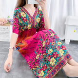 Women's Ethnic Style V-neck Cotton Silk Short Sleeve Thai Style Dress Women's Summer Printed Skirt Outer Wear Vacation Style