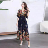 Women's Ethnic Style V-neck Cotton Silk Short Sleeve Thai Style Dress Women's Summer Printed Skirt Outer Wear Vacation Style