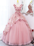 Hoombox Lovely Pink Tulle Long Party Dress with Flowers, Pink Tulle Sweet 16 Gown