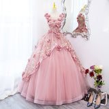 Hoombox Lovely Pink Tulle Long Party Dress with Flowers, Pink Tulle Sweet 16 Gown