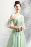 Hoombox Light Green Lace Flowers V-neckline Straps Long Tulle Prom Dress, A-line Evening Dress Party Dress