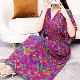 Women's Ethnic Style V-neck Cotton Silk Short Sleeve Thai Style Dress Women's Summer Printed Skirt Outer Wear Vacation Style