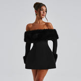 HOOMBOX Sanhu Lianjiang G24DS280 2025 women's clothing autumn and winter one-word shoulder fur collar sexy Spice Girl A-word short skirt wholesale