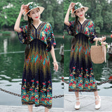 Women's Ethnic Style V-neck Cotton Silk Short Sleeve Thai Style Dress Women's Summer Printed Skirt Outer Wear Vacation Style