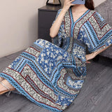 Women's Ethnic Style V-neck Cotton Silk Short Sleeve Thai Style Dress Women's Summer Printed Skirt Outer Wear Vacation Style