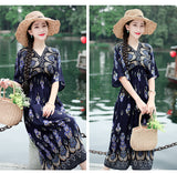 Women's Ethnic Style V-neck Cotton Silk Short Sleeve Thai Style Dress Women's Summer Printed Skirt Outer Wear Vacation Style