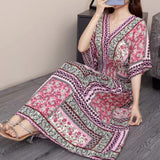 Women's Ethnic Style V-neck Cotton Silk Short Sleeve Thai Style Dress Women's Summer Printed Skirt Outer Wear Vacation Style