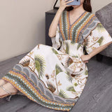 Women's Ethnic Style V-neck Cotton Silk Short Sleeve Thai Style Dress Women's Summer Printed Skirt Outer Wear Vacation Style