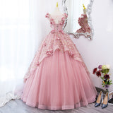 Hoombox Lovely Pink Tulle Long Party Dress with Flowers, Pink Tulle Sweet 16 Gown