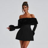 HOOMBOX Sanhu Lianjiang G24DS280 2025 women's clothing autumn and winter one-word shoulder fur collar sexy Spice Girl A-word short skirt wholesale