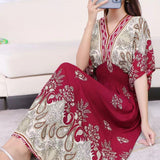 Women's Ethnic Style V-neck Cotton Silk Short Sleeve Thai Style Dress Women's Summer Printed Skirt Outer Wear Vacation Style