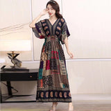 Women's Ethnic Style V-neck Cotton Silk Short Sleeve Thai Style Dress Women's Summer Printed Skirt Outer Wear Vacation Style