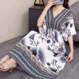 Women's Ethnic Style V-neck Cotton Silk Short Sleeve Thai Style Dress Women's Summer Printed Skirt Outer Wear Vacation Style