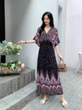 Women's Ethnic Style V-neck Cotton Silk Short Sleeve Thai Style Dress Women's Summer Printed Skirt Outer Wear Vacation Style