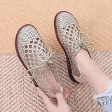 HOOMBOX New Summer Weaving Hollow Flat Shoes round Toe Lace-up Closed Toe Sandals Fashion Soft Bottom Comfortable Mom Shoes