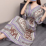 Women's Ethnic Style V-neck Cotton Silk Short Sleeve Thai Style Dress Women's Summer Printed Skirt Outer Wear Vacation Style