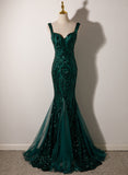 Hoombox Dark Green Mermaid Tulle with Sequins Straps Party Dress, Mermaid Long Formal Dress