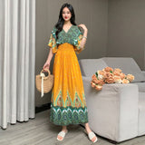 Women's Ethnic Style V-neck Cotton Silk Short Sleeve Thai Style Dress Women's Summer Printed Skirt Outer Wear Vacation Style