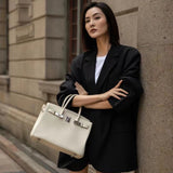 hoombox New Silver Buckle First Layer Cowhide Birkin Bag Simple Fashion Handbag Commuter Practical Shoulder Bag Crossbody Bag