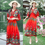 Women's Ethnic Style V-neck Cotton Silk Short Sleeve Thai Style Dress Women's Summer Printed Skirt Outer Wear Vacation Style