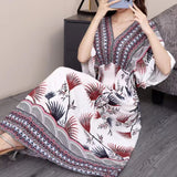 Women's Ethnic Style V-neck Cotton Silk Short Sleeve Thai Style Dress Women's Summer Printed Skirt Outer Wear Vacation Style