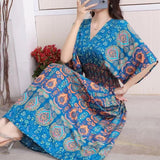 Women's Ethnic Style V-neck Cotton Silk Short Sleeve Thai Style Dress Women's Summer Printed Skirt Outer Wear Vacation Style