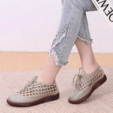 HOOMBOX New Summer Weaving Hollow Flat Shoes round Toe Lace-up Closed Toe Sandals Fashion Soft Bottom Comfortable Mom Shoes