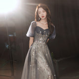 Hoombox Elegant A-line  Grey Tulle Short Sleeves Long Party Dress, Grey Evening Dress