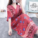 Women's Ethnic Style V-neck Cotton Silk Short Sleeve Thai Style Dress Women's Summer Printed Skirt Outer Wear Vacation Style