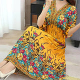 Women's Ethnic Style V-neck Cotton Silk Short Sleeve Thai Style Dress Women's Summer Printed Skirt Outer Wear Vacation Style